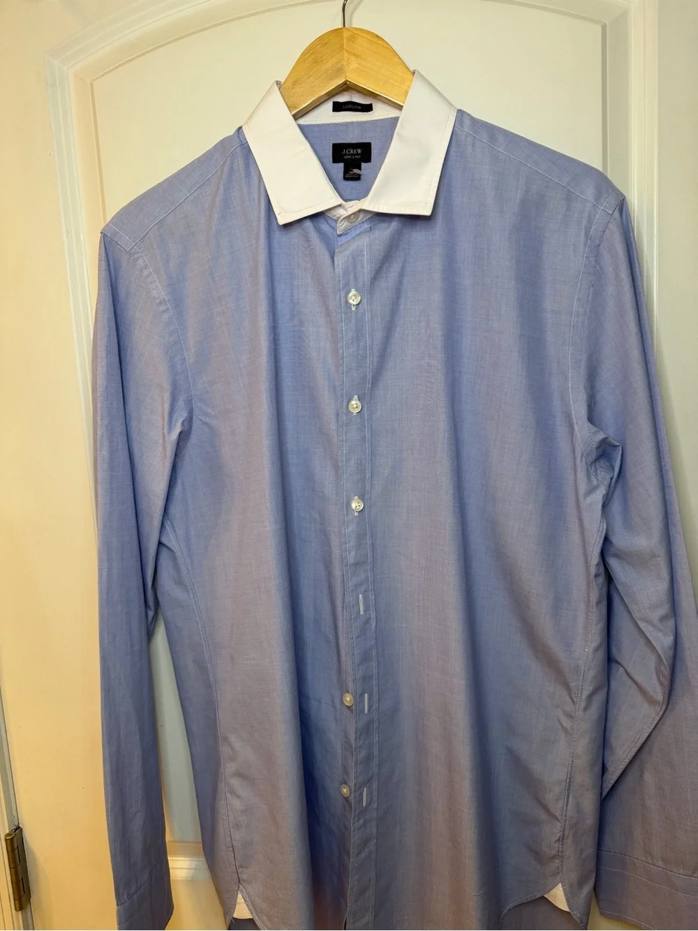 J. Crew 120’s 2 Ply Light Blue Dress Shirt with White Contrast Collar, size L